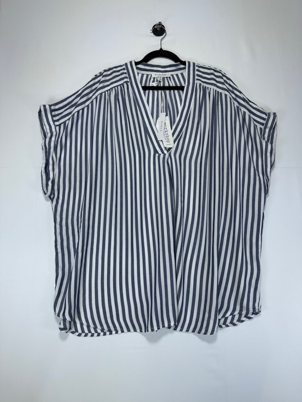 Workshop Republic Striped Rayon Blouse 3X NWT Blue White Coastal V-Neck Top